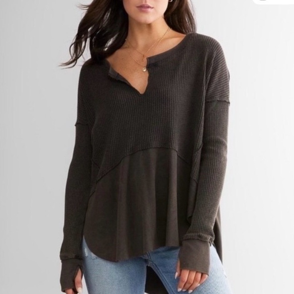 FREE PEOPLE monterey thermal long sleeve top shirt M we the free black brown